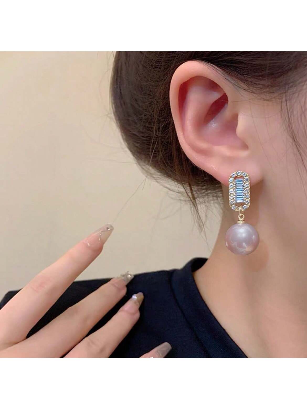 French Minimalist Style Big Pearl Drop Earrings With U-Shaped Setting And Diamond Detail For Ladies. 925 Silver Pin Ear Studs. Perfect For Daily Wear And Occasions Like Work And Parties. Simple, Chic, Elegant And Noble.-Pink-1