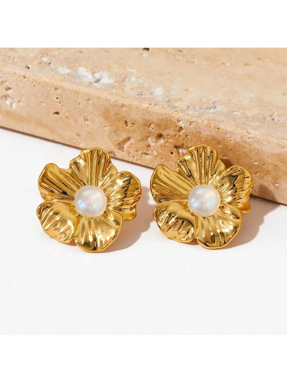 Vintage & High-End Metallic Petal Shaped Pearl Inlaid Stud Earrings-Yellow Gold-1