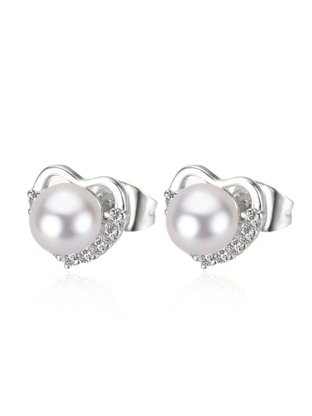 1pair Fashionable Charm Rhinestone Heart & Pearl Stud Earrings Suitable For Women'S Daily Wear--1