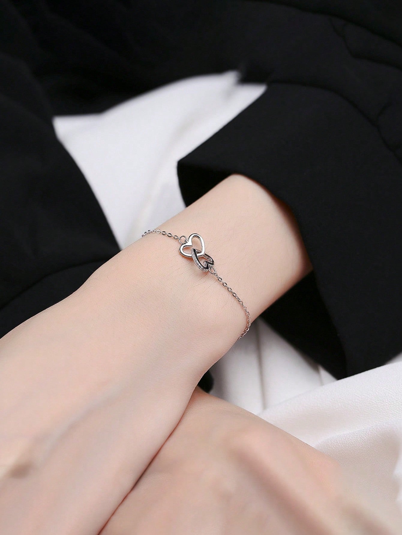 1pc Fashionable Elegant S925 Sterling Silver Cubic Zirconia Double Heart Design Bracelet For Banquet, Party, Wedding, Birthday, Valentine'S Day Women'S Jewelry Gift--1