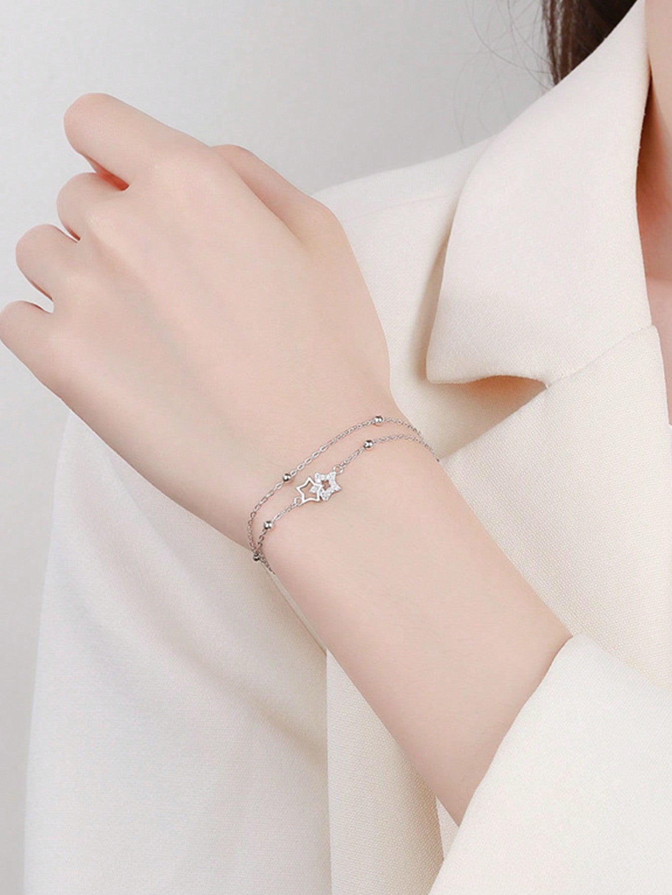 1pc Stylish & Elegant S925 Pure Silver Cz Ab Five-Pointed Star Double Layer Bracelet With Double Buckle, Perfect For Banquets, Parties, Weddings, Birthdays, Valentine'S Day As A Gift For Women--1