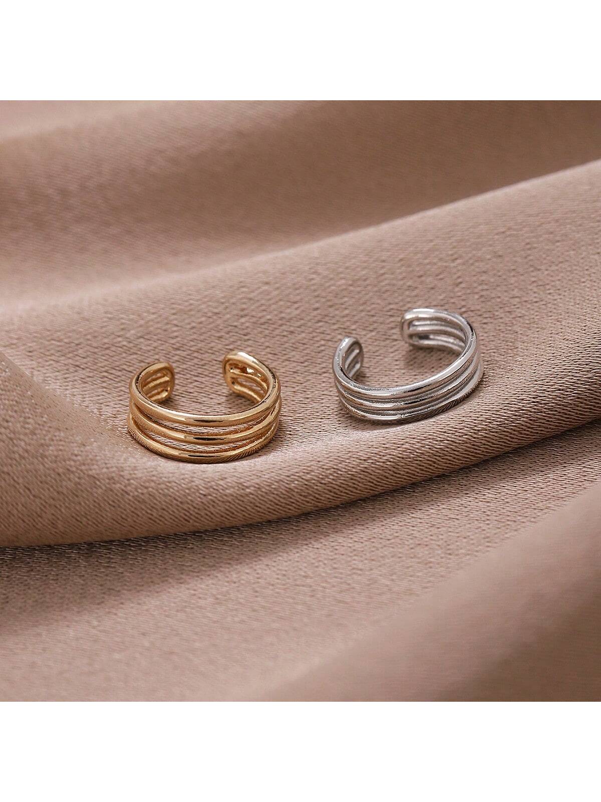 2pcs Fashionable Minimalist Gold-Plated Three Layers Clip-On Earrings For Non-Pierced Ears, Sophisticated Ear Accessory-Multicolor-1