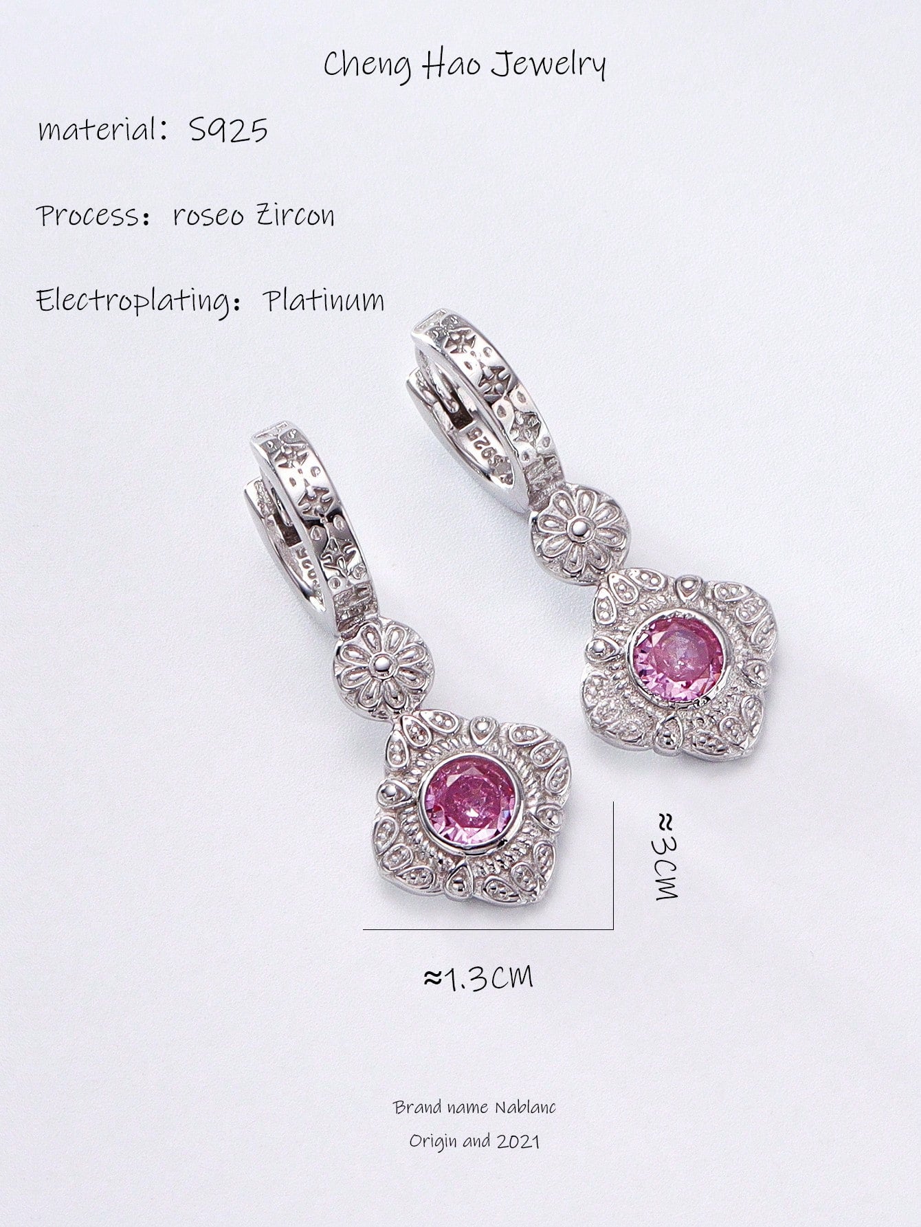 1pair Circle Shaped Long Earrings Decorated With Stars And Snowflakes, Studded With Cubic Zirconia, Double-Sided And Made Of 925 Sterling Silver-Hot Pink-1