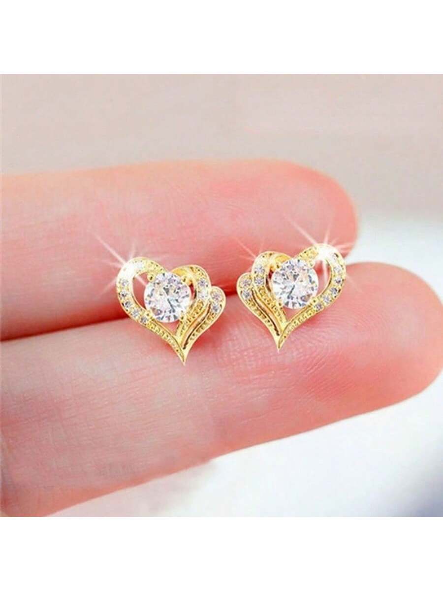 1pair Fashionable & Simple Heart Shaped Rhinestone Stud Earrings, Sparkly & Perfect For Any Outfit, Valentine's Day Gift-Beige-1