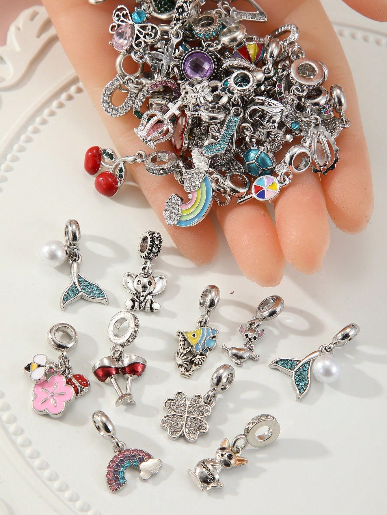 Random Charm Rhinestone Design: Heart, Letter, Leaf, Pearl, Mermaid Tail, Couple Drinking Glass, High-Heel Shoes, Family, Bee, Kitty Cat, Milk Tea Cup, Umbrella, Windmill, Castle, Flower, Pumpkin Carriage, Ladybug, Butterfly, Dragonfly, 5-Petal-Multicolor-1