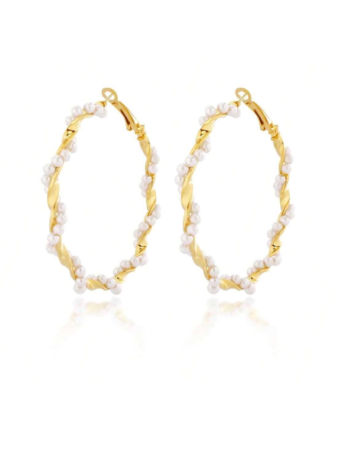 Gold Plated Geometric Wire Wrapped Pearl Hoop Earrings--1