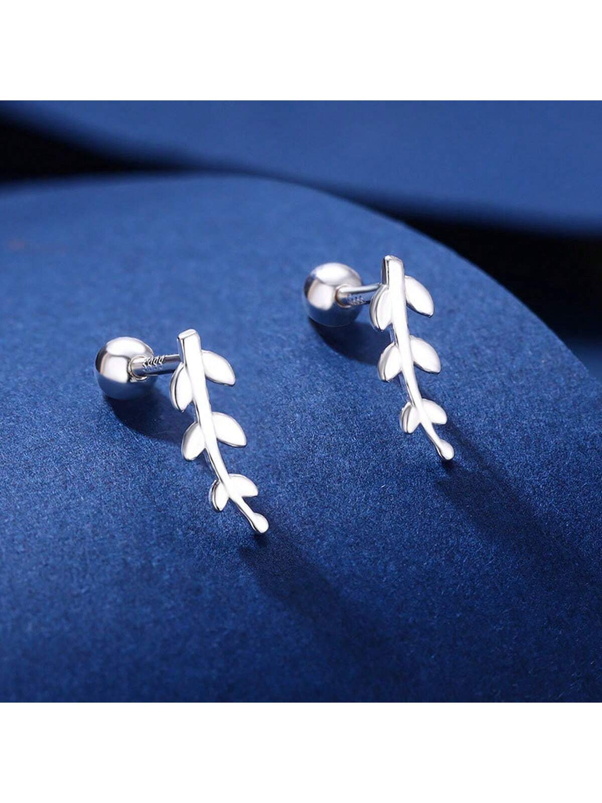 1pair Pure Silver Forest Style Screw Design Earrings With Small Leaves & Branch Decoration-Silver-1