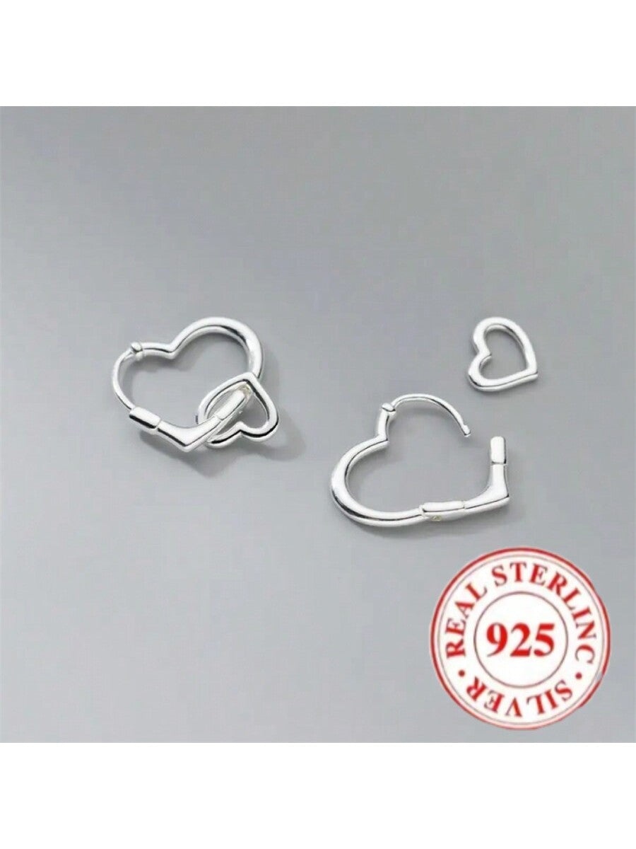 925 Sterling Silver Girls' Heart & Circle Shaped Hoop Earrings, Women's Fine Jewelry, Anti-Allergic-Silver-1