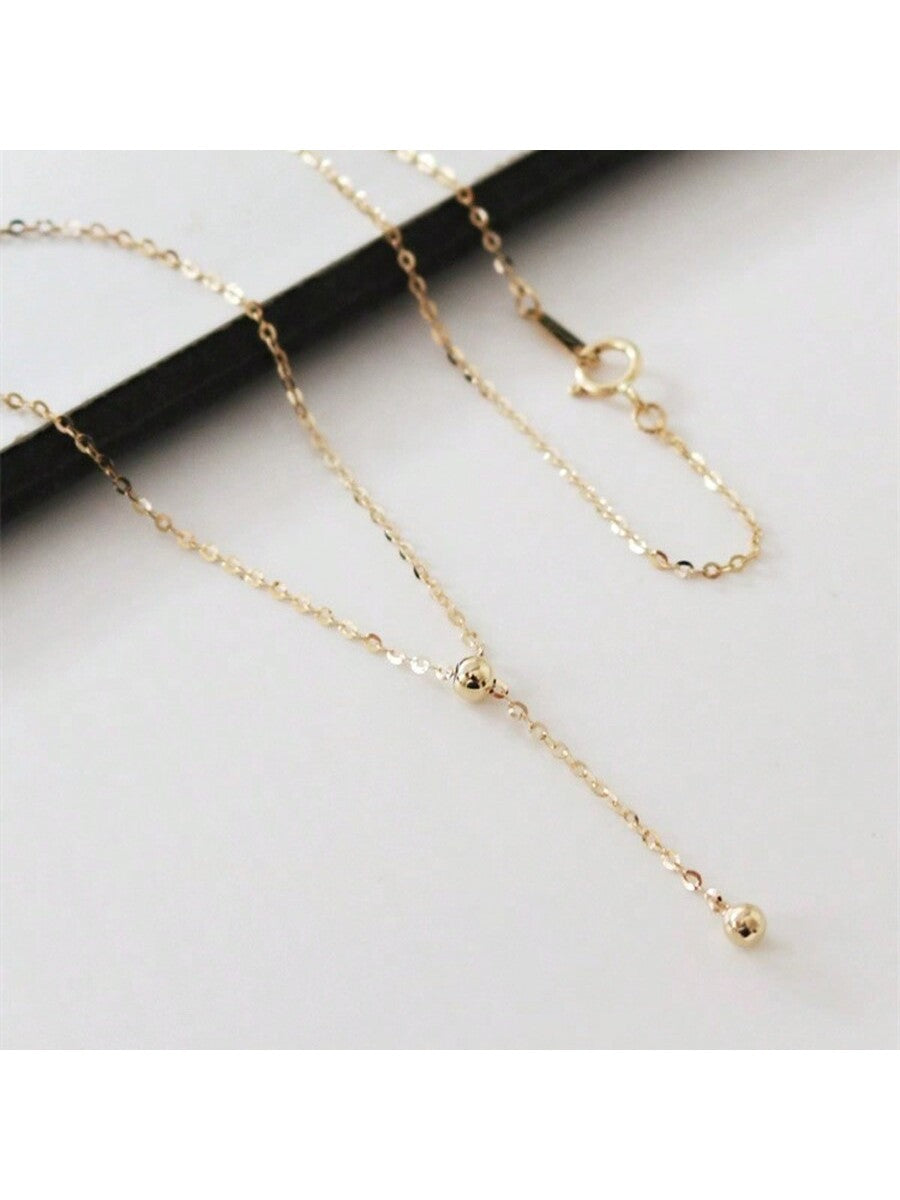 S925 Pure Silver Gold-Plated, Round Bead Adjustable Chain Necklace For Women, Fashionable And Versatile New Product--1