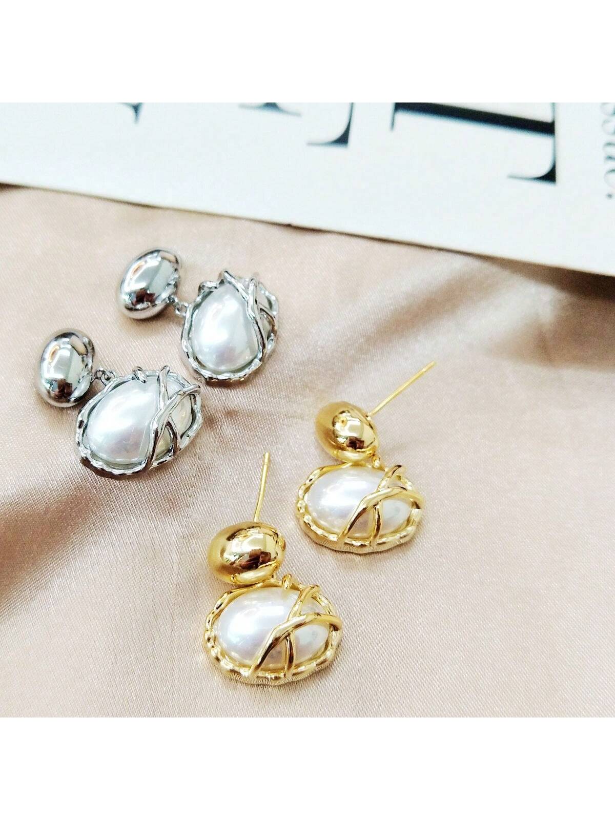 1pair Metallic Geometric Ellipse Shape & Sweet Pearl Irregular Concave Convex S925 Silver Pin Earrings, Suitable For Daily Wear, Evening Party, Wedding--1