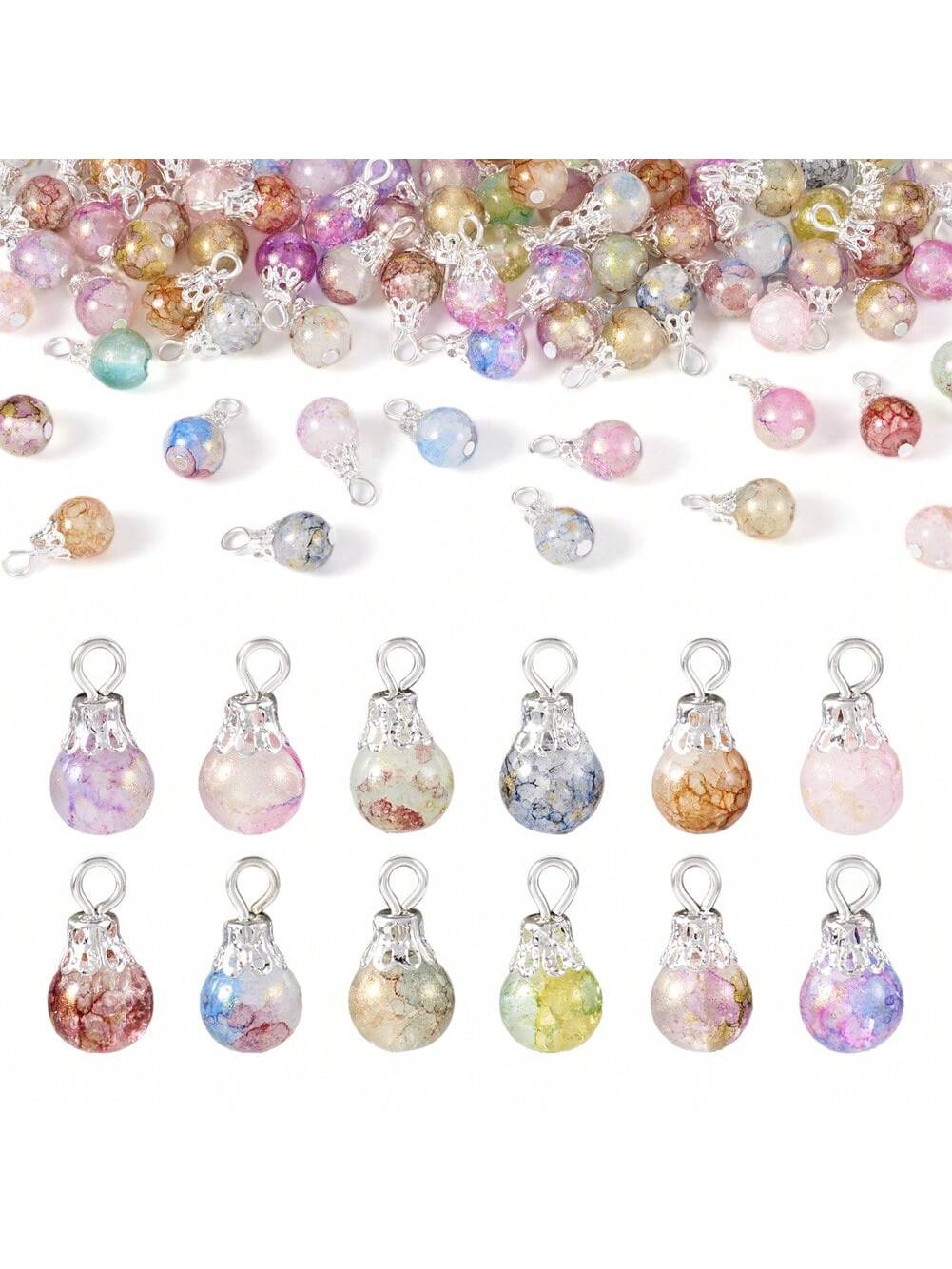 120 Pieces 12 Colours Baked Crackled Glass Pendants, 16x8mm With Silver Iron Ring, Colorful Decoration For Necklace Bracelet Earrings DIY Jewellery Accessories-Multicolor-1