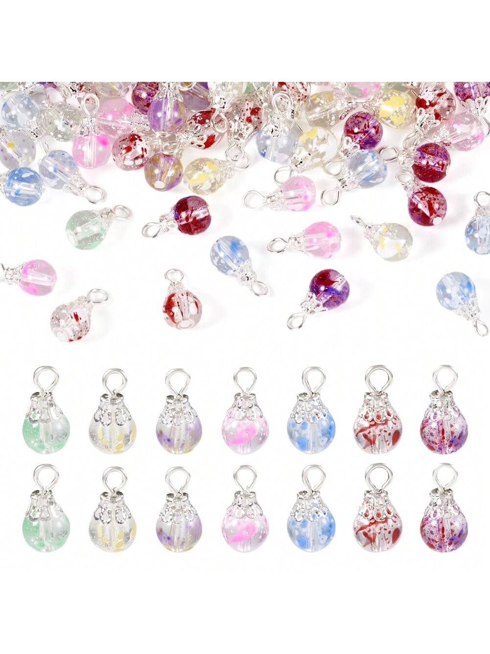 70 Pieces 7 Colours Baked Crackle Clear Glass Pendants, 15x8mm With Silver Iron Ring, Colorful Decoration For Necklace Bracelet Earrings DIY Jewellery Accessories-Multicolor-1