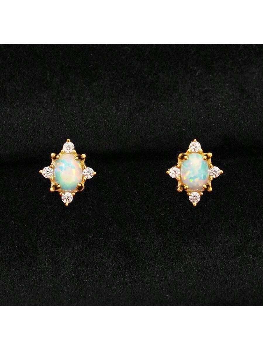 1pair French Elegant Imitation Opal Artificial Opal Earrings Fashion Simple All Matching Gift Retro Trend Temperament Exquisite Women'S Earrings-Gold-1