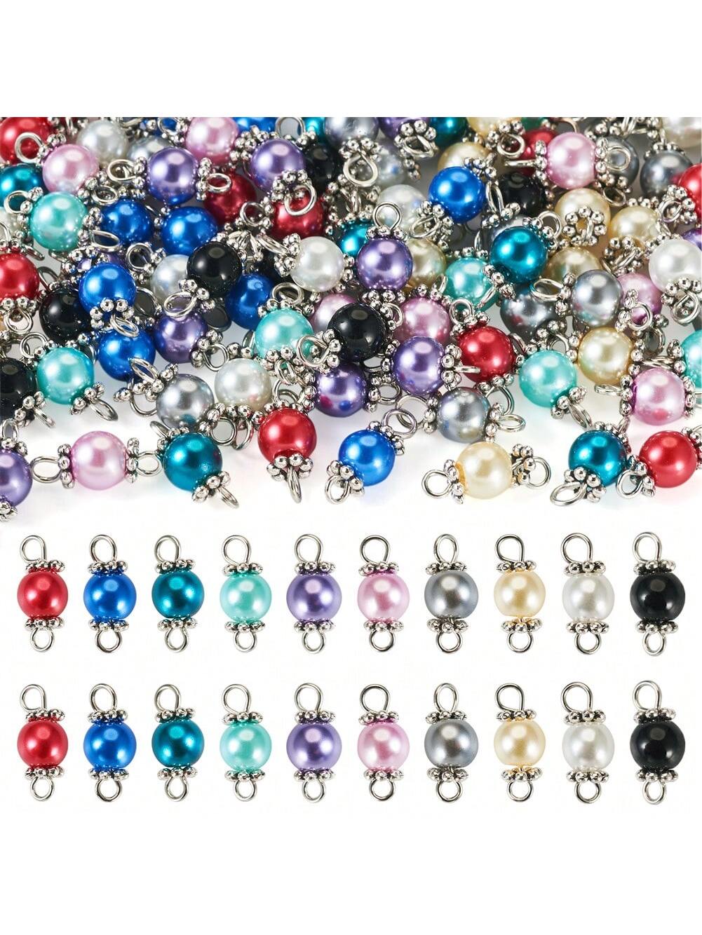 100 Pieces 10 Colours Beaded Glass Pearl Connector Charms, 15x6~7mm, Round Links With Platinum Coloured Iron Double Rings For Necklace Bracelet Earrings DIY Jewellery Accessories-10 Colors-100 Pcs-1