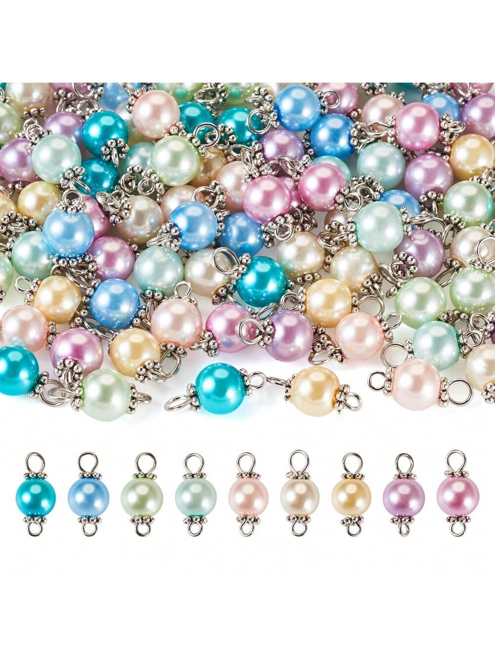 90 Pieces 9 Colours Beaded Glass Pearl Connector Charms, 17x8mm, Round Links With Platinum Coloured Iron Double Ring, For Necklace Bracelet Earrings Diy Jewellery Accessories-Dark Color-90 Pieces-1