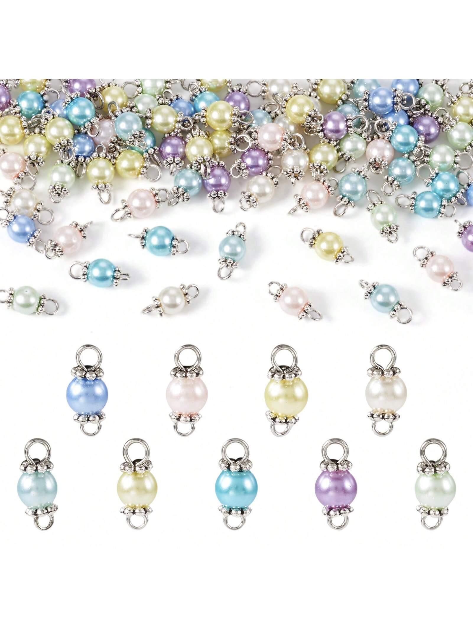 90 Pieces 9 Colours Beaded Glass Pearl Connector Charms, 15x6mm, Round Links With Platinum Coloured Iron Double Ring, For Necklaces Bracelets Earrings Diy Jewellery Accessories-Light Color Series-90 Pieces-1