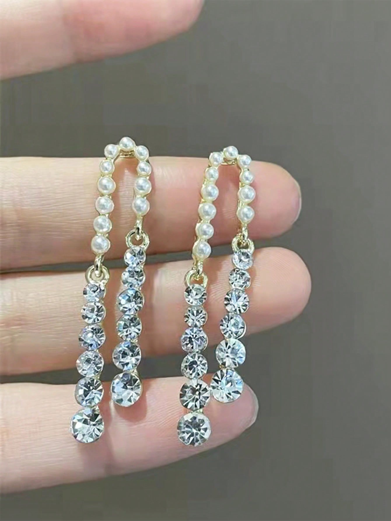 2pcs Vintage Alloy Pearl & Rhinestone Tassel Drop Earrings-Yellow Gold-1