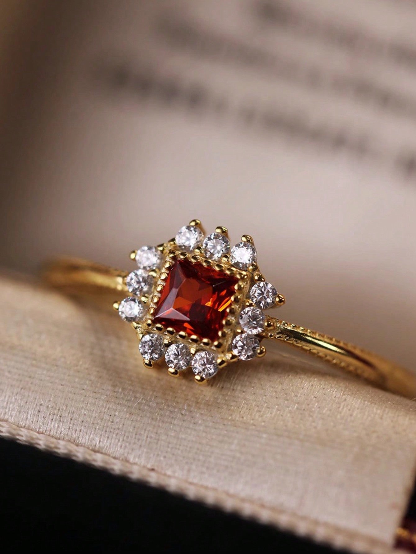 Vintage French Style Micro-Inlaid S925 Pure Silver Plated Gold Square Red Diamond Design Ring, Wholesale Elegant Gift For Women, Great For Birthday Celebrations-Gold-1