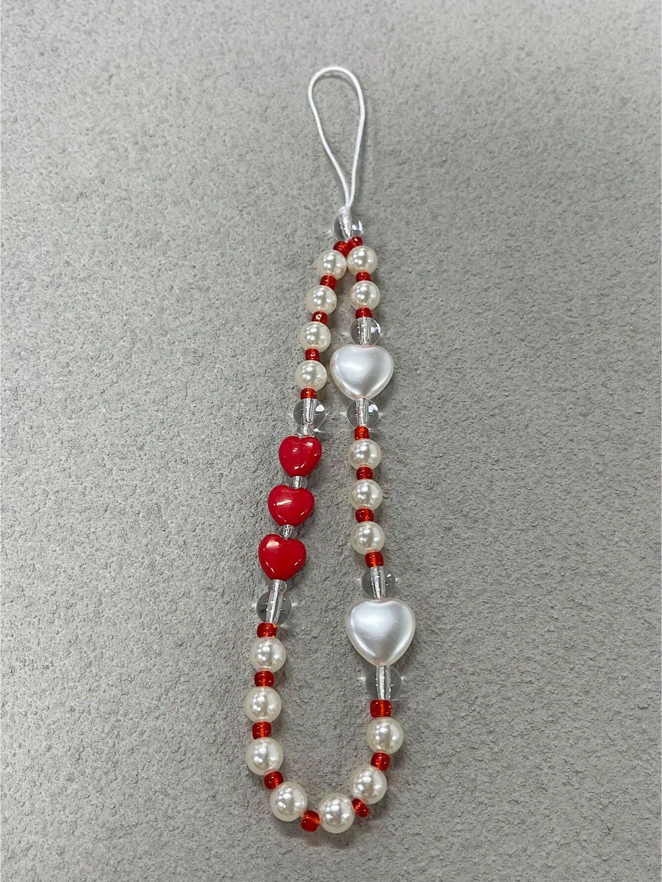 Phone Strap Short Wristband Handmade Beaded White & Red Color Heart Shaped Pendant Bracelet With Bead Chain For Phone Case/Bag Accessories-Multicolor-1