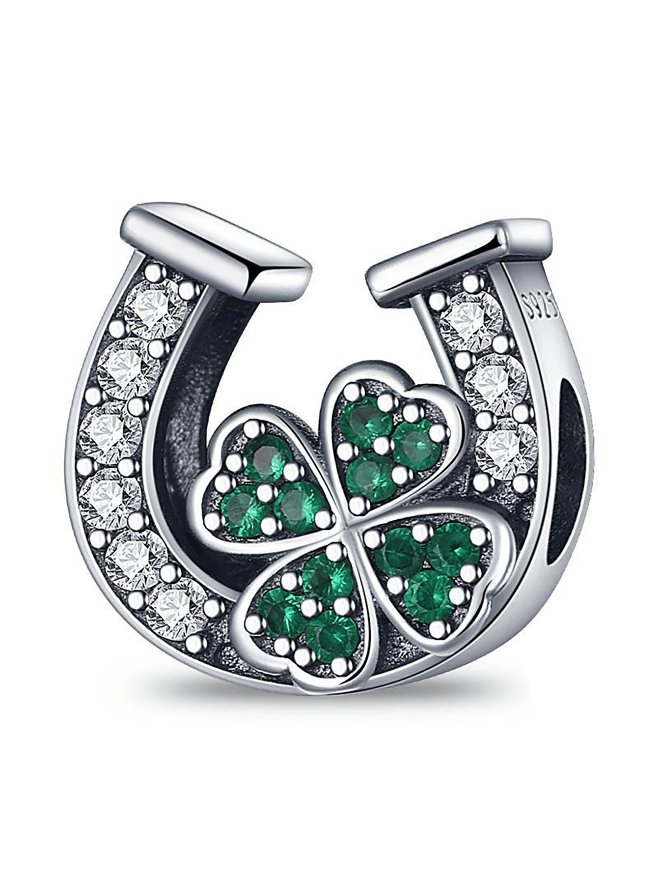 Silver Plated Charm Four Leaf Clover Diamond Horseshoe Green Beads Charm Pendant Ball Suitable For Bracelets DIY Women'S Jewelry-Silver-1