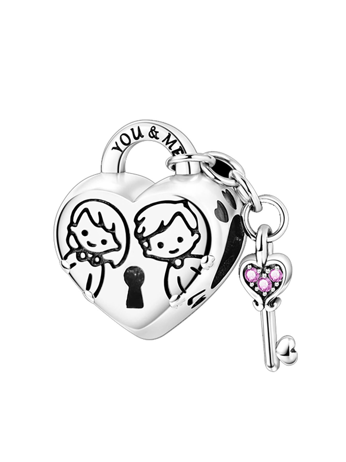 Silver Plated Charm Key Lock Couple You And Me Love Beads Charm Pendant Ball Suitable For Bracelets DIY Women'S Jewelry-Silver-1