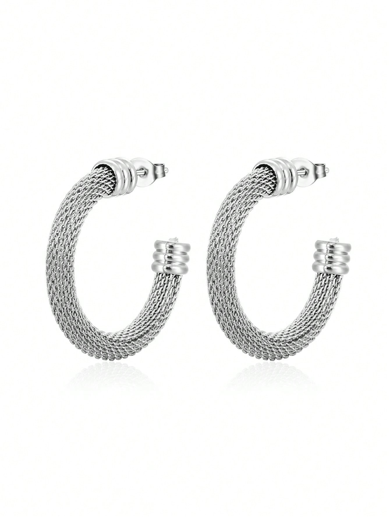 1pair Mesh Design C-Shaped Stainless Steel Exaggerated Fashionable Earrings Suitable For Valentine's Day Gift, Party Jewelry-Silver-1