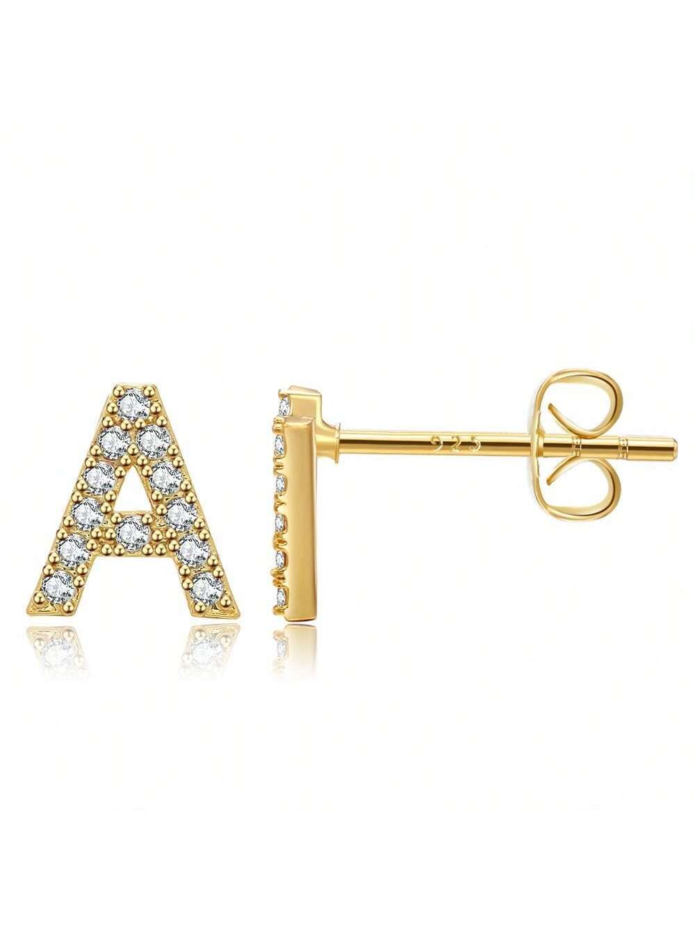 1pair New Arrivals European And American Style Small Letter Earrings For Women - Brass Gold Plated Jewelry With Rhinestone Detail--1