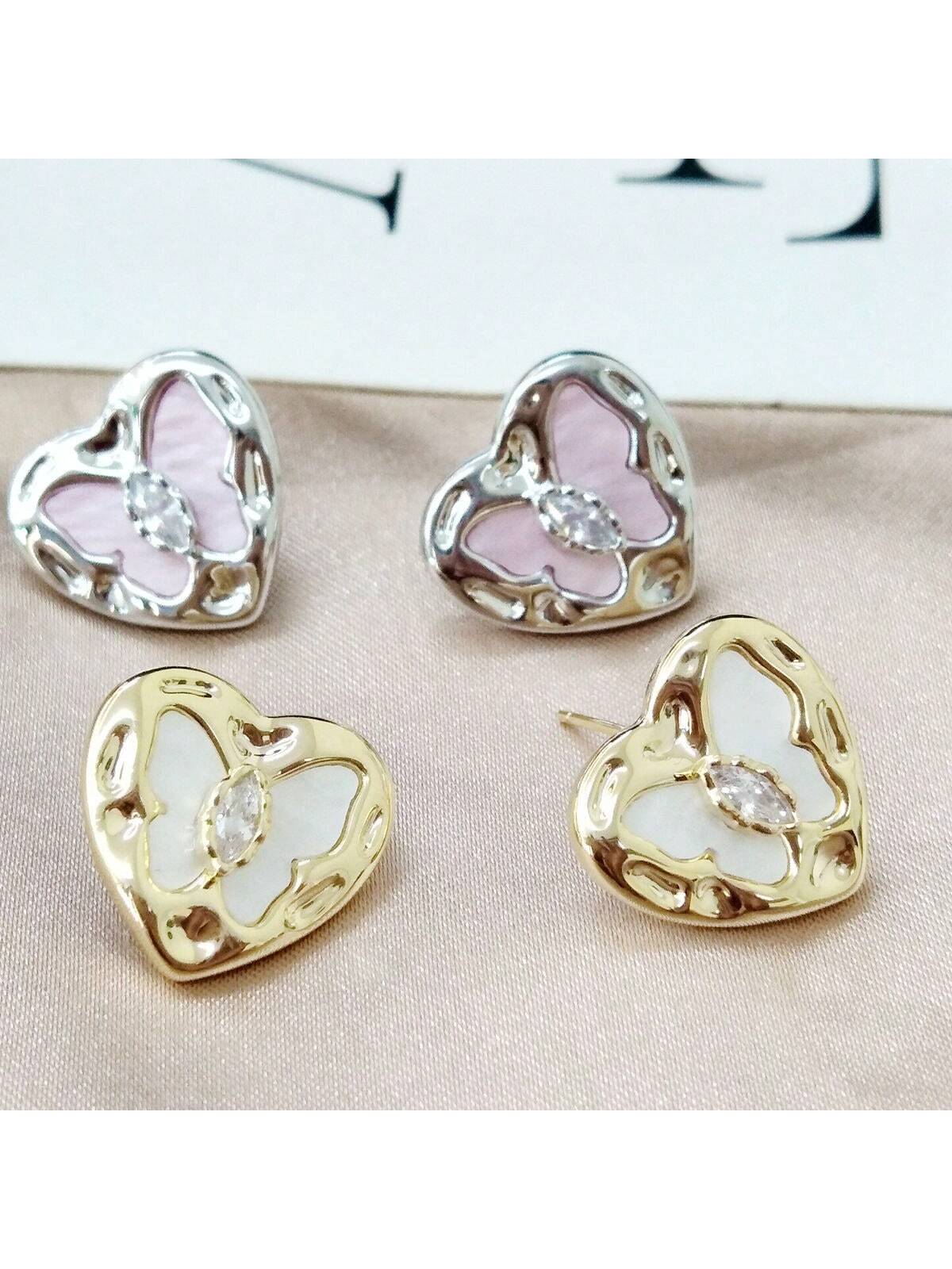 1pair Exquisite & Trendy Irregular Geometric Love Heart Shaped Metallic Stud Earrings, Versatile & Luxurious Design With 925 Sterling Silver Needle, Suitable For Women's Daily Wear And Parties--1