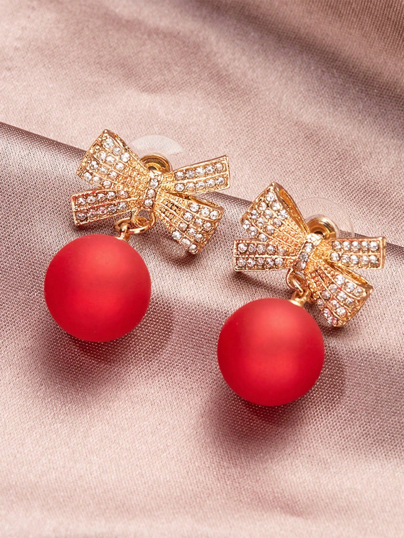 1pair Fashionable & Personalized Simple Red Pearl & Bow Shape Ear Studs With Rhinestone Decoration, Daily Wear-Red-1