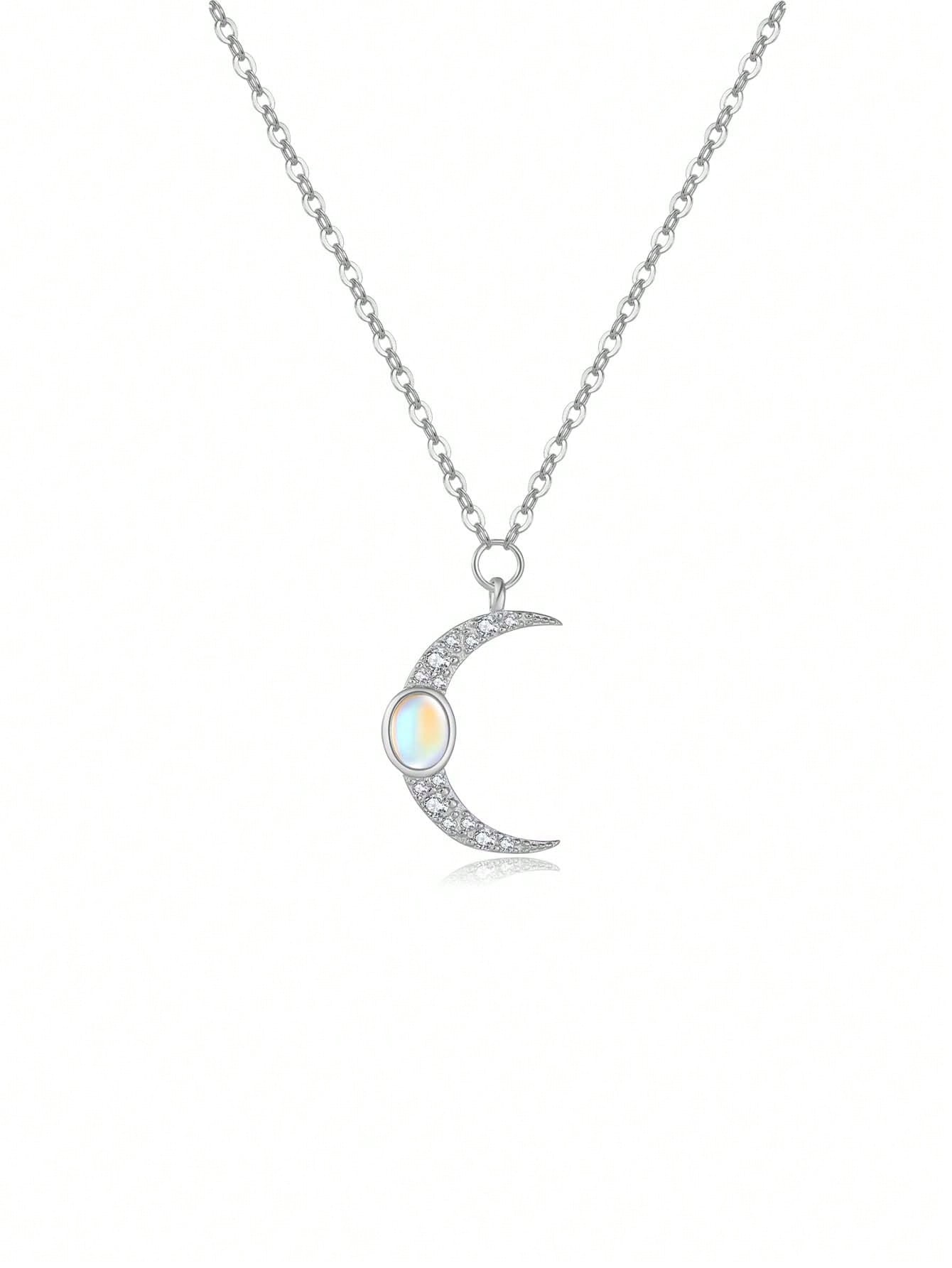 1pc Luxury & Elegant 925 Silver Artificial Moon Shaped Pendant Necklace For Women, Wedding & Valentine's Day Gift-Silver-1