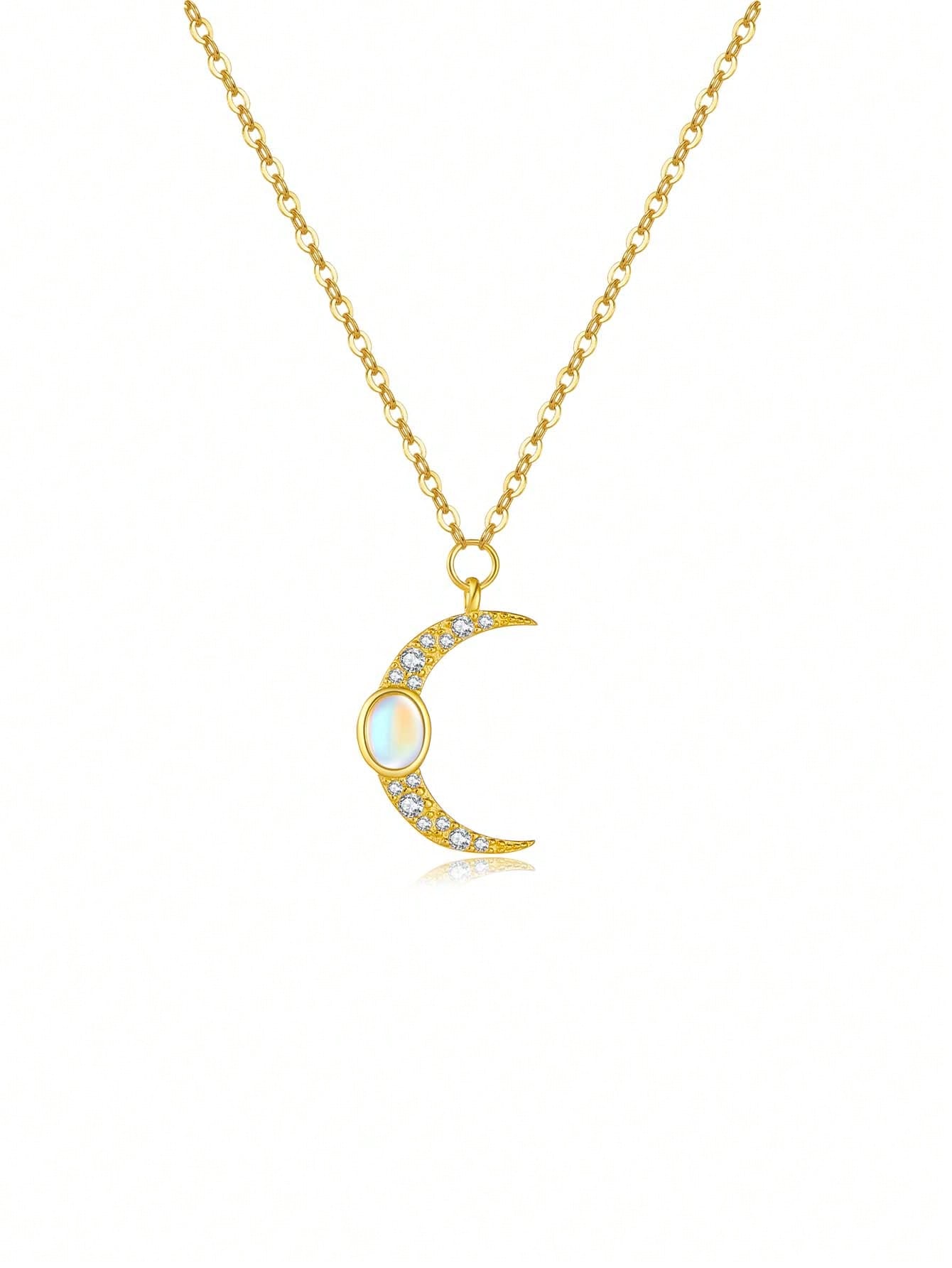 1pc Luxurious & Elegant 925 Sterling Silver Moon Shaped Pendant Necklace With Cubic Zirconia For Women, Wedding Or Valentine's Day Gift-Gold-1