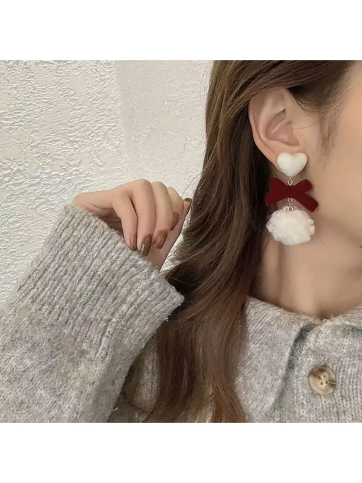 Red Bow Furry Ball Design Dangle Earrings Elegant Cute Style Fall Winter Female Earrings Female Gift-Multicolor-1