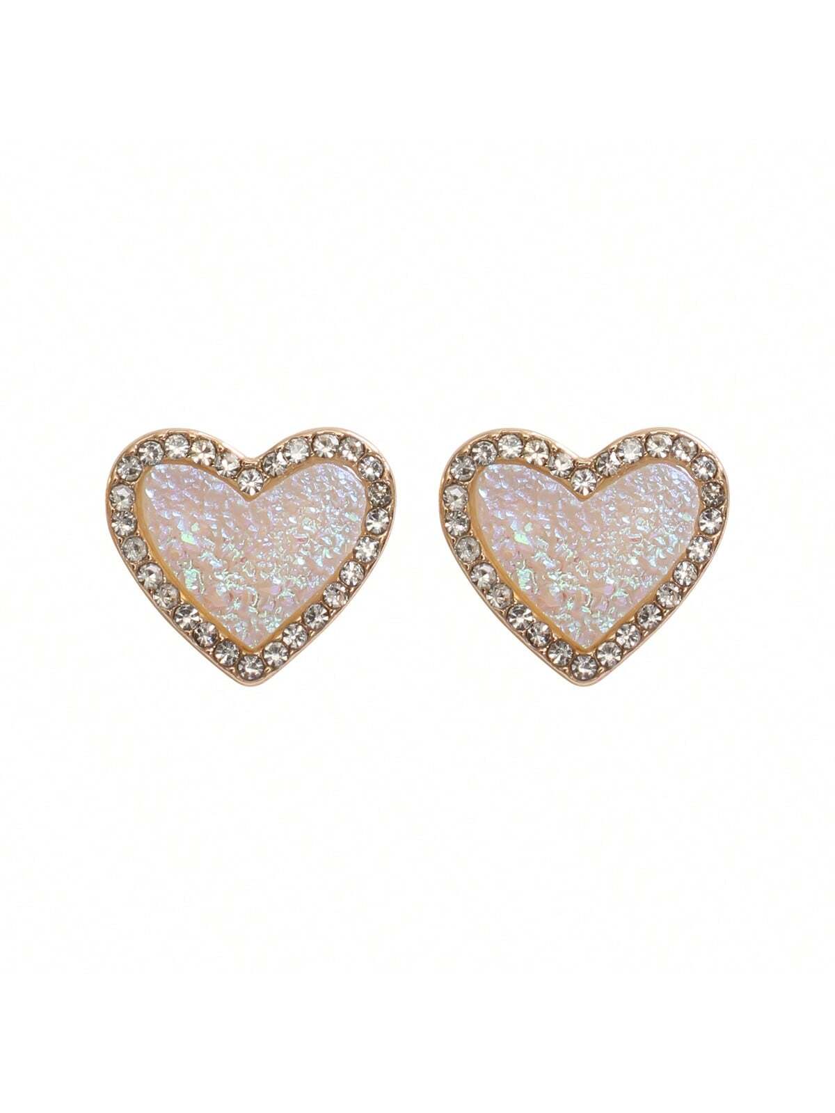 Valentine Heart Druzy With Rhinestone Post Earrings-AB-1