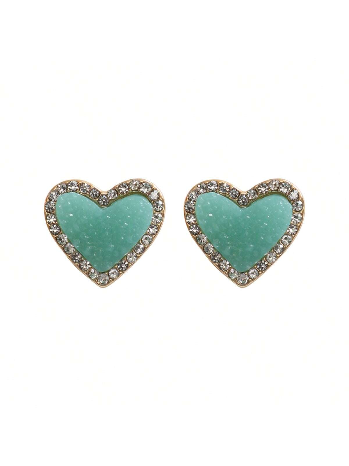 Valentine Heart Druzy With Rhinestone Post Earrings-AQUA-1