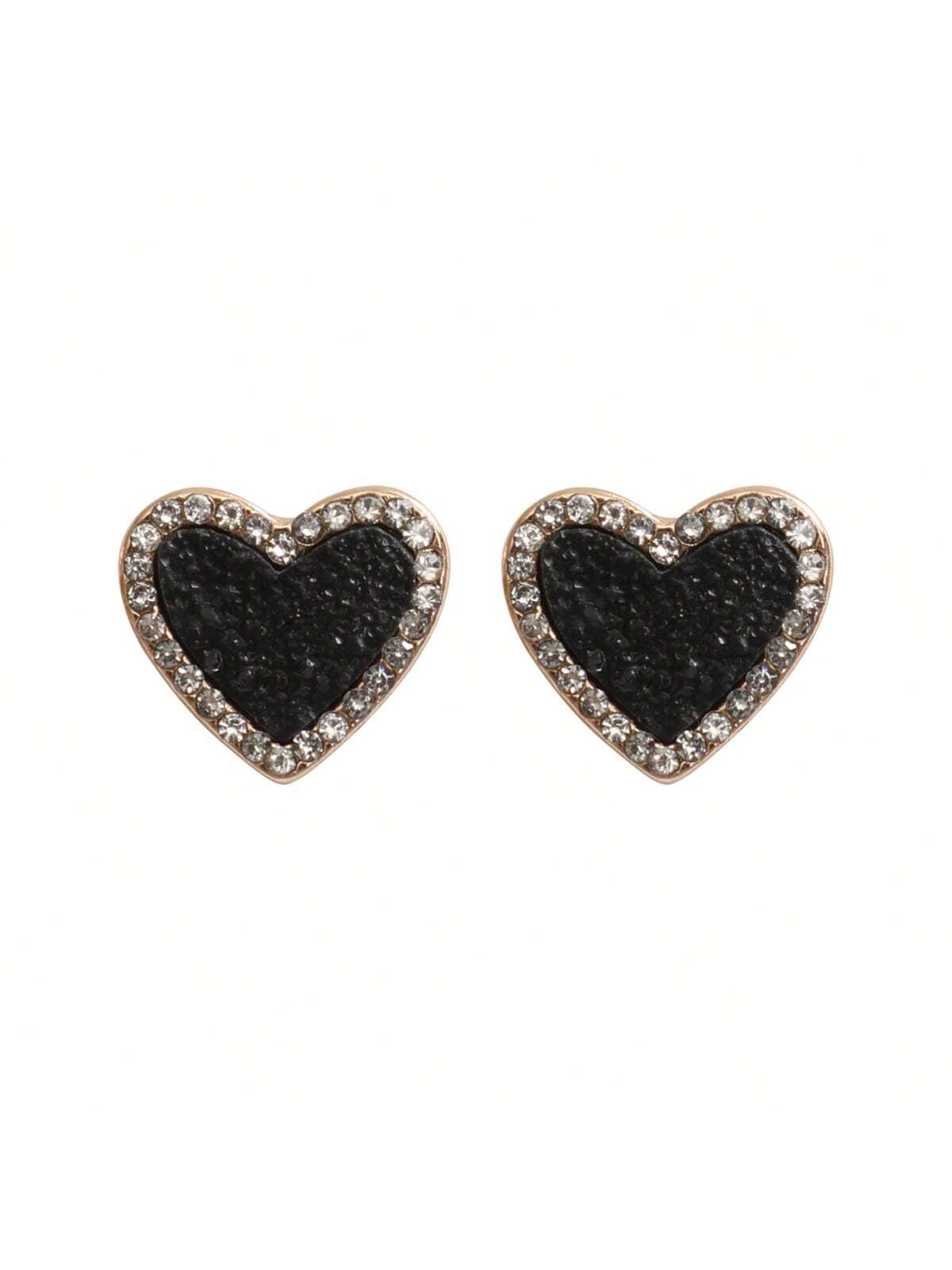 Valentine Heart Druzy With Rhinestone Post Earrings-Black-1