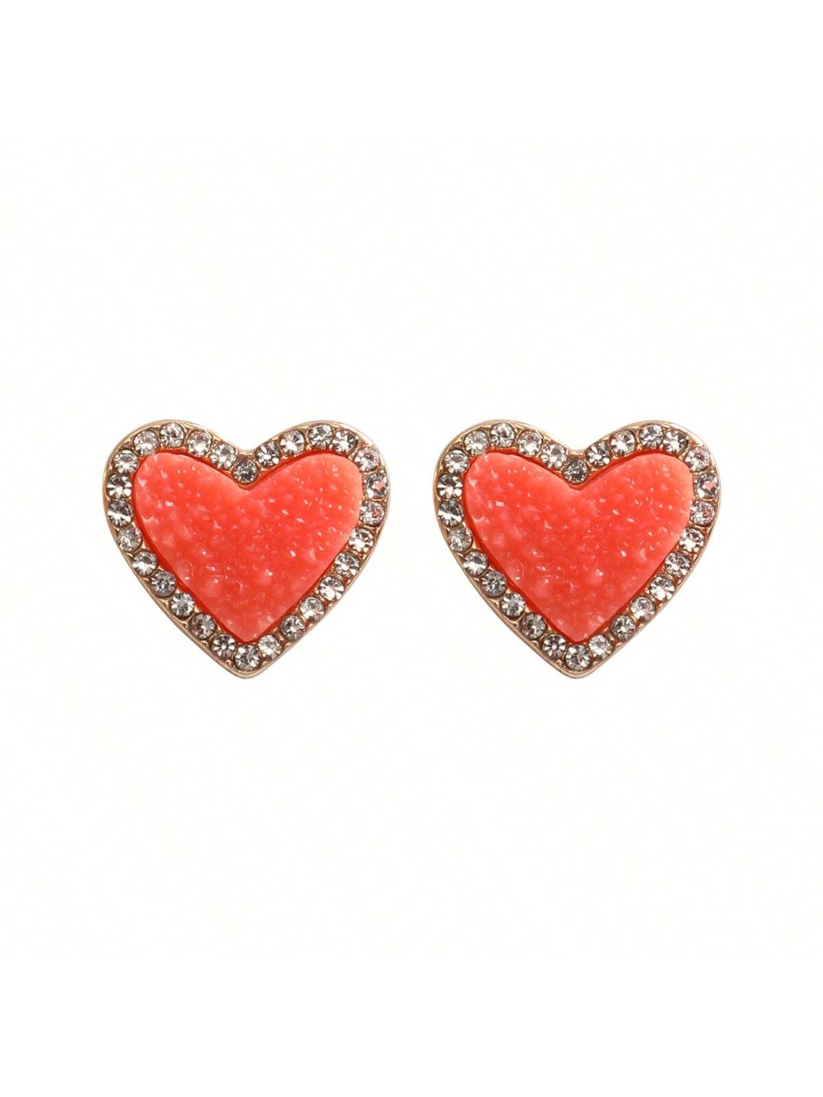 Valentine Heart Druzy With Rhinestone Post Earrings-CORAL-1