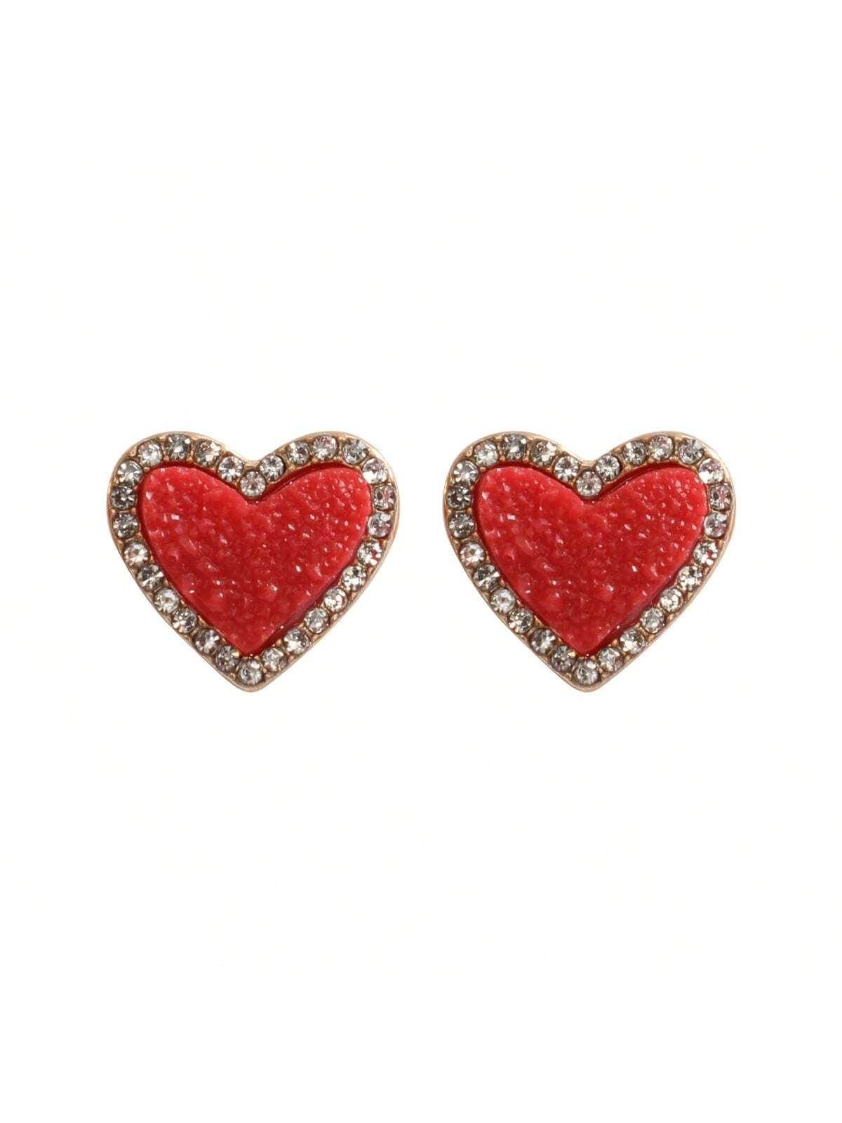 Valentine Heart Druzy With Rhinestone Post Earrings-GOLD DARK RED-1