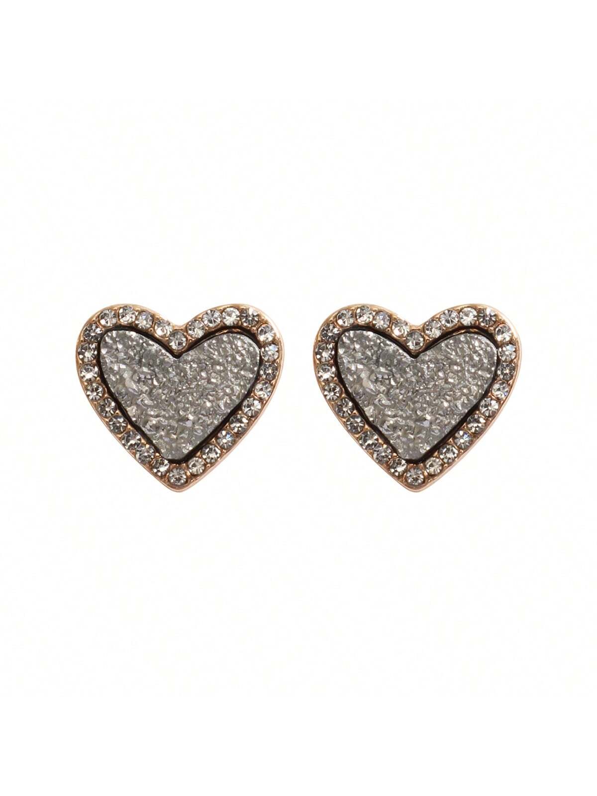 Valentine Heart Druzy With Rhinestone Post Earrings-HEMATITE-1