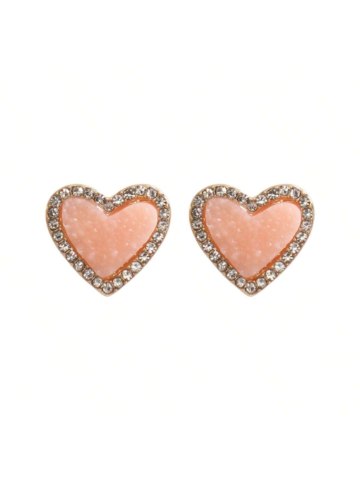 Valentine Heart Druzy With Rhinestone Post Earrings-LIGHT PINK-1