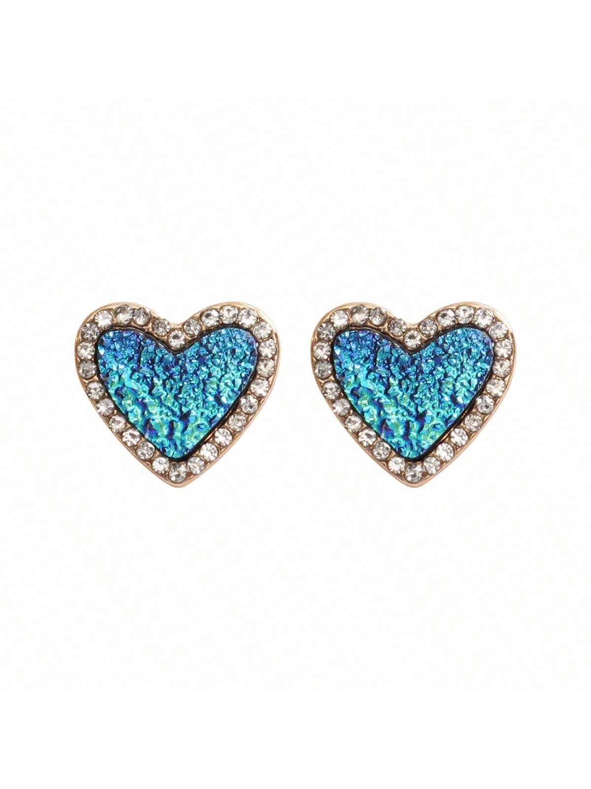 Valentine Heart Druzy With Rhinestone Post Earrings-MONTANA BLUE-1