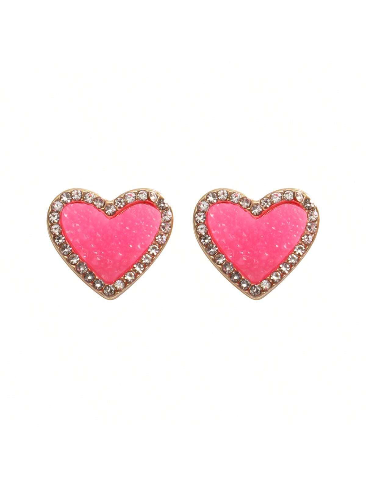 Valentine Heart Druzy With Rhinestone Post Earrings-Pink-1