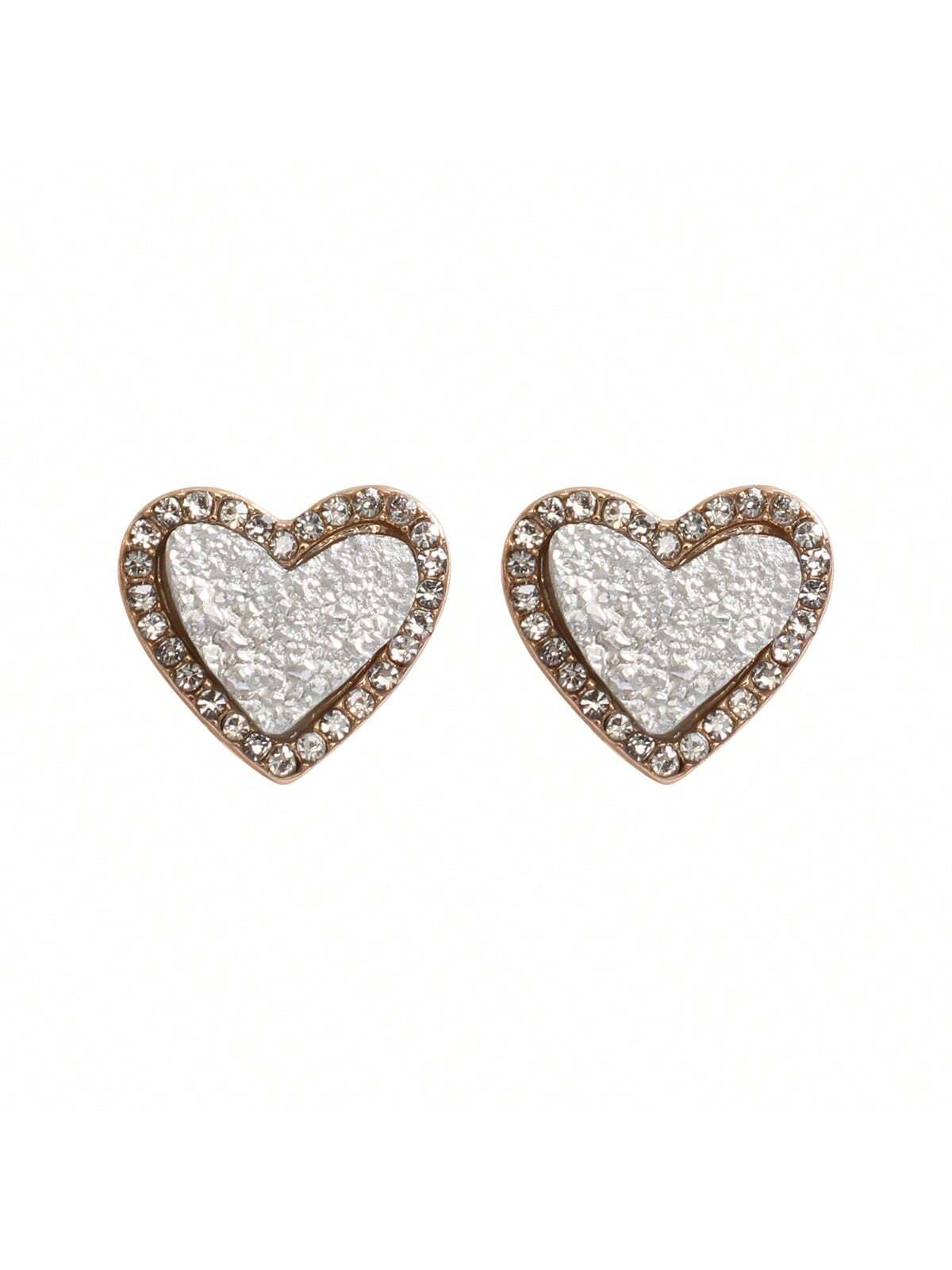 Valentine Heart Druzy With Rhinestone Post Earrings-SILVER-1