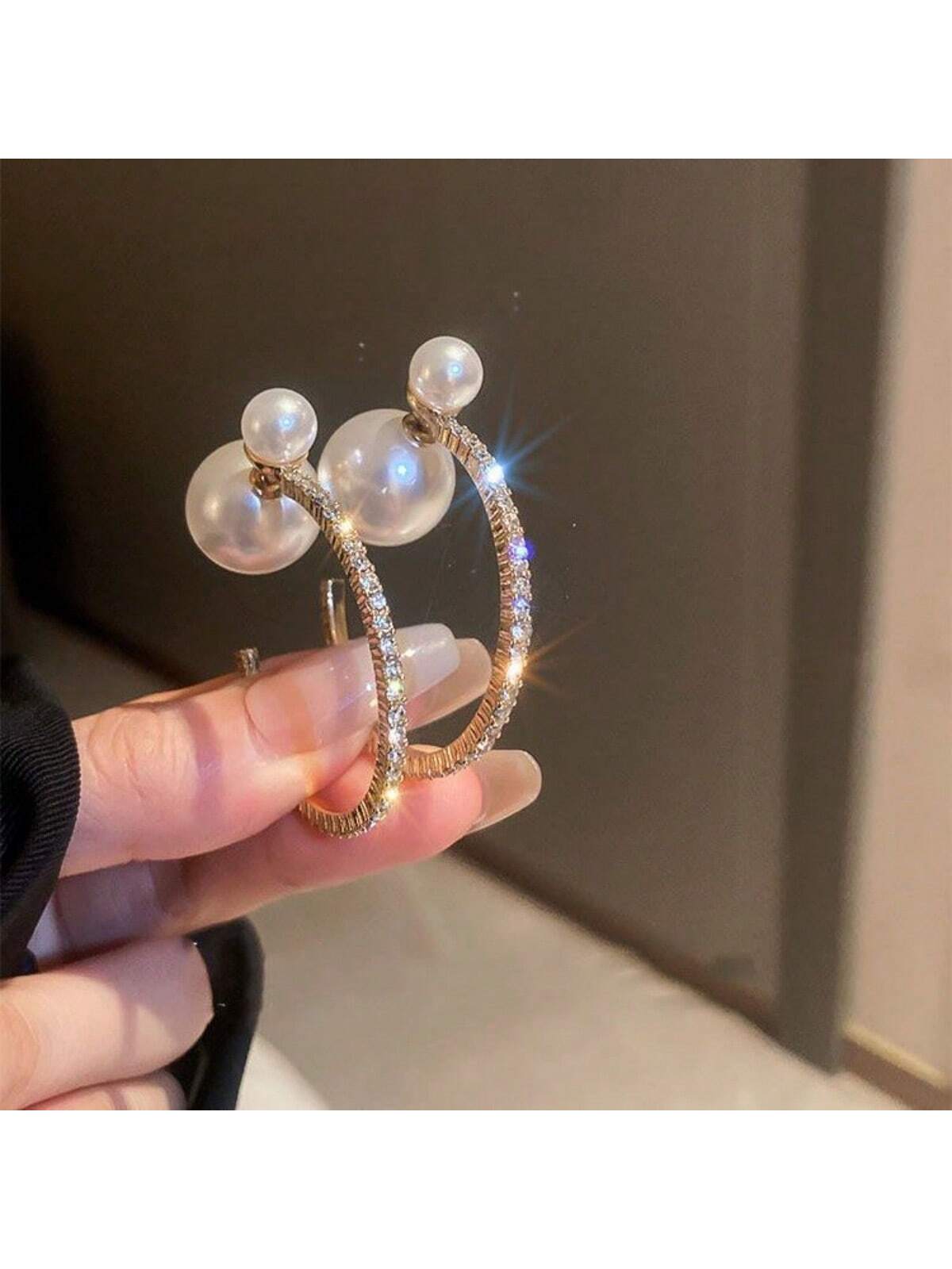 Exaggerated Metallic Large Circle Earrings With Imitation Pearls & Rhinestone For Women's New Elegant Style Ear Decoration--1