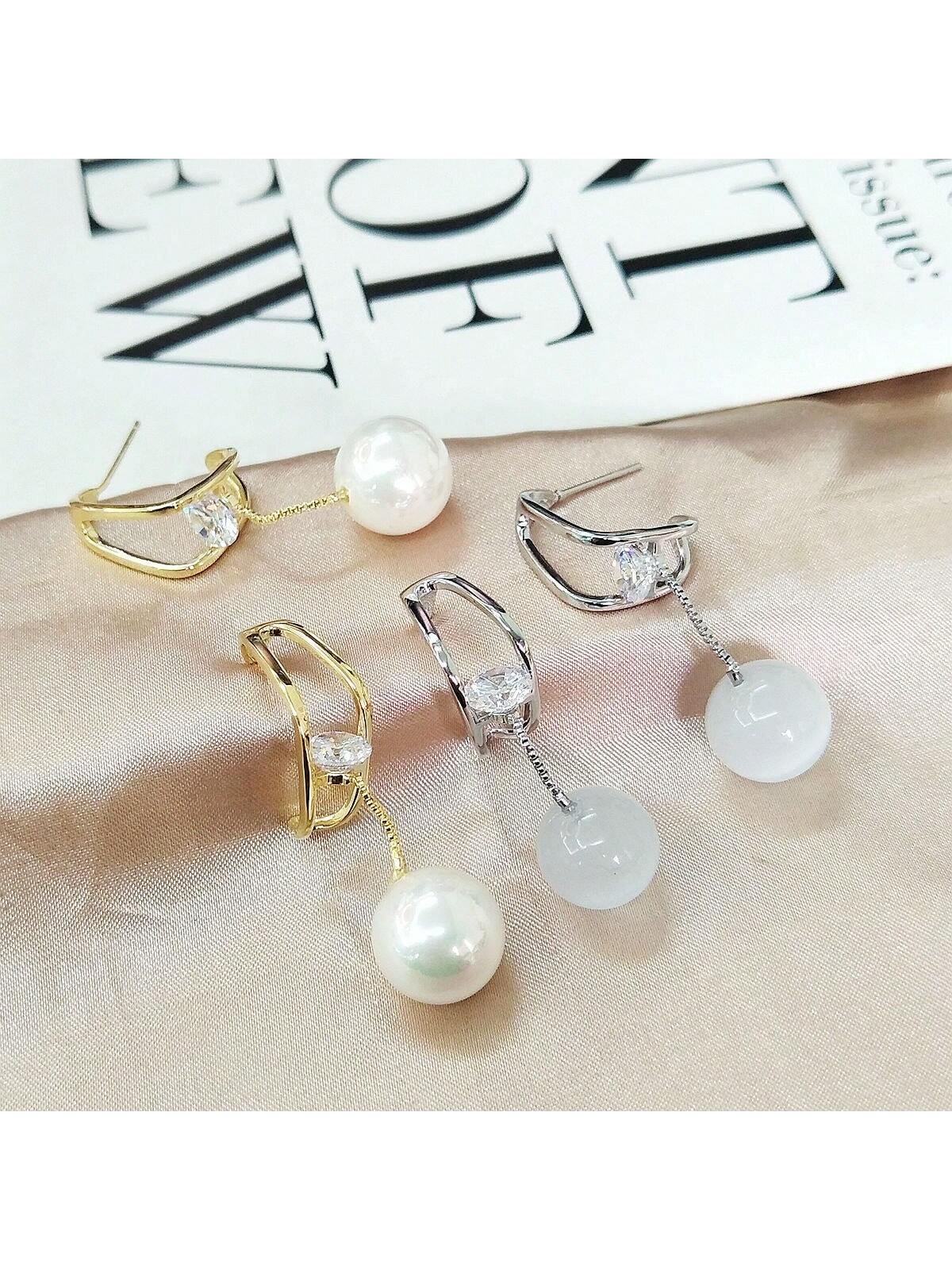 1pair Elegant & Trendy Design Pearl & Cat Eye & Combination French Metallic Stud Earrings, Versatile Style, High-End And Delicate, Made Of S925 Silver Needle, Suitable For Women's Daily Wear And Weddings & Parties.--1