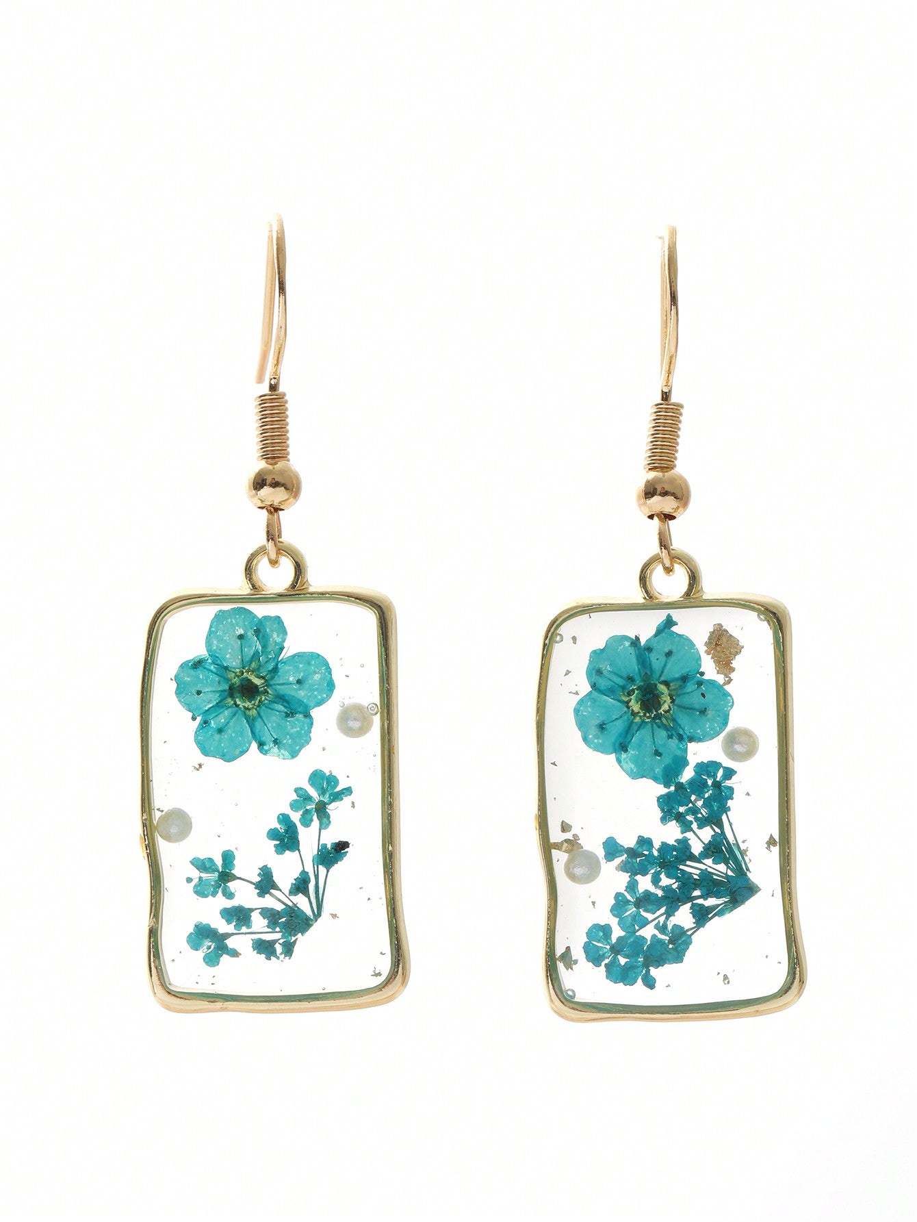 1pair Women's Rectangular Shaped Dried Flower Resin Drop Earrings With Pearl Decor, Suitable For Daily Wear-Baby Blue-1