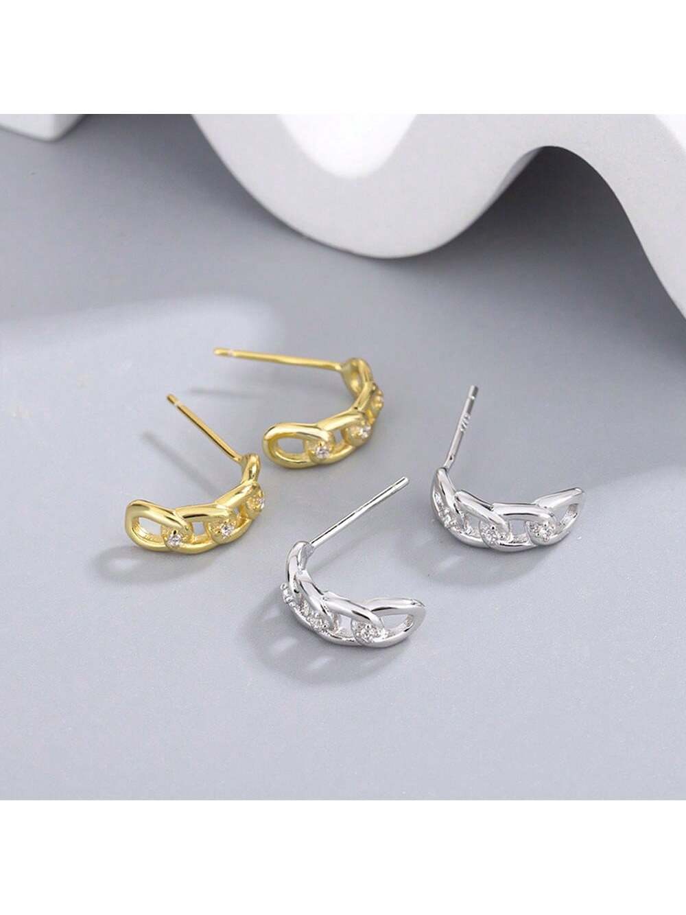 S925 Sterling Silver Chain Hollow Out Stud Earrings, Korean Fashion Personality Unique Design Ear Accessories For Women-White-1