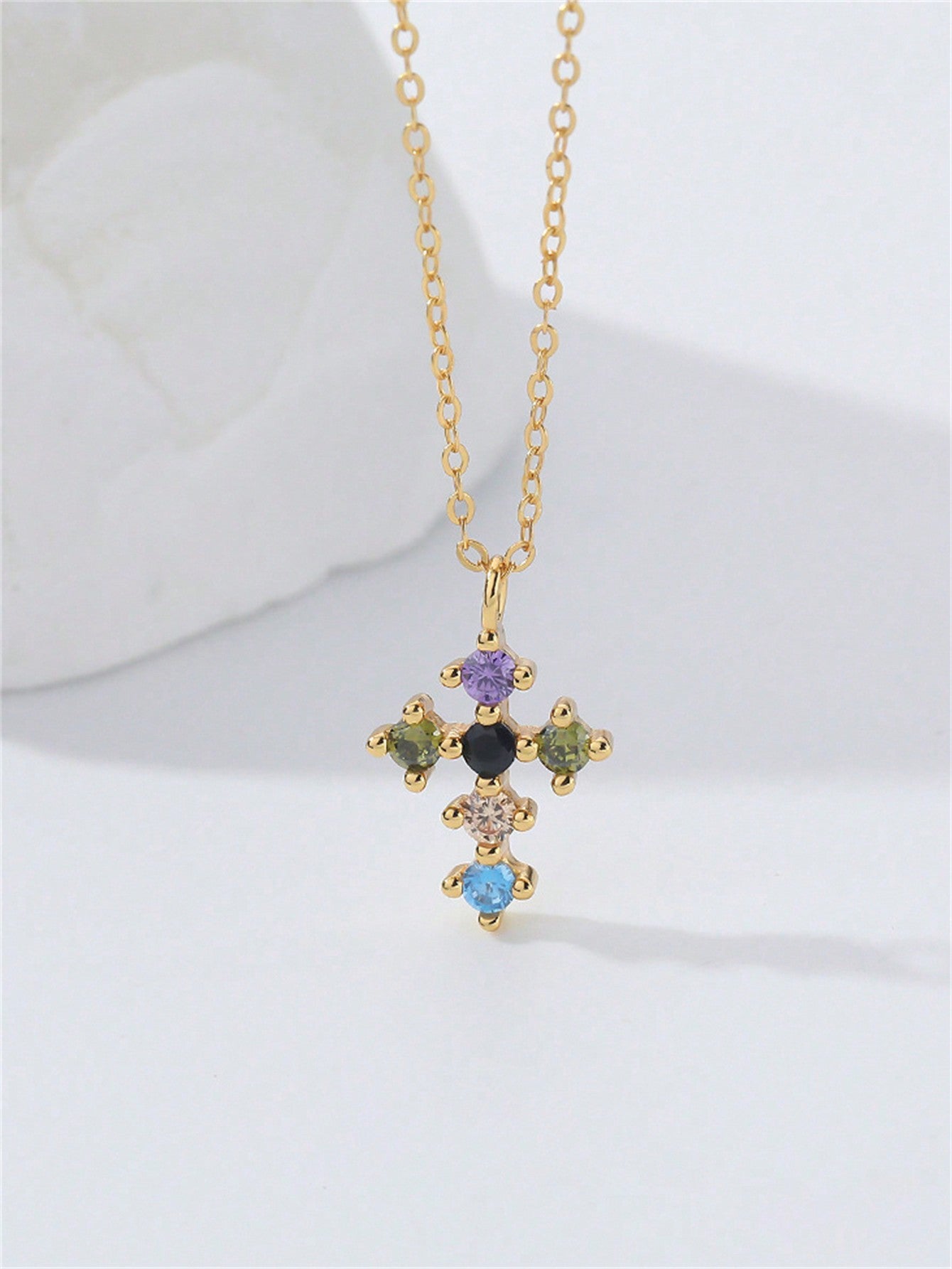 1pc 925 Sterling Silver Cross Pendant Necklace With Colored Cubic Zirconia Stone Setting, Comes With Gift Box, Suitable For Dating, Party, Travel, Work, Etc, A Must-Have Accessory For Fashionable And Elegant Ladies-Yellow Gold-1