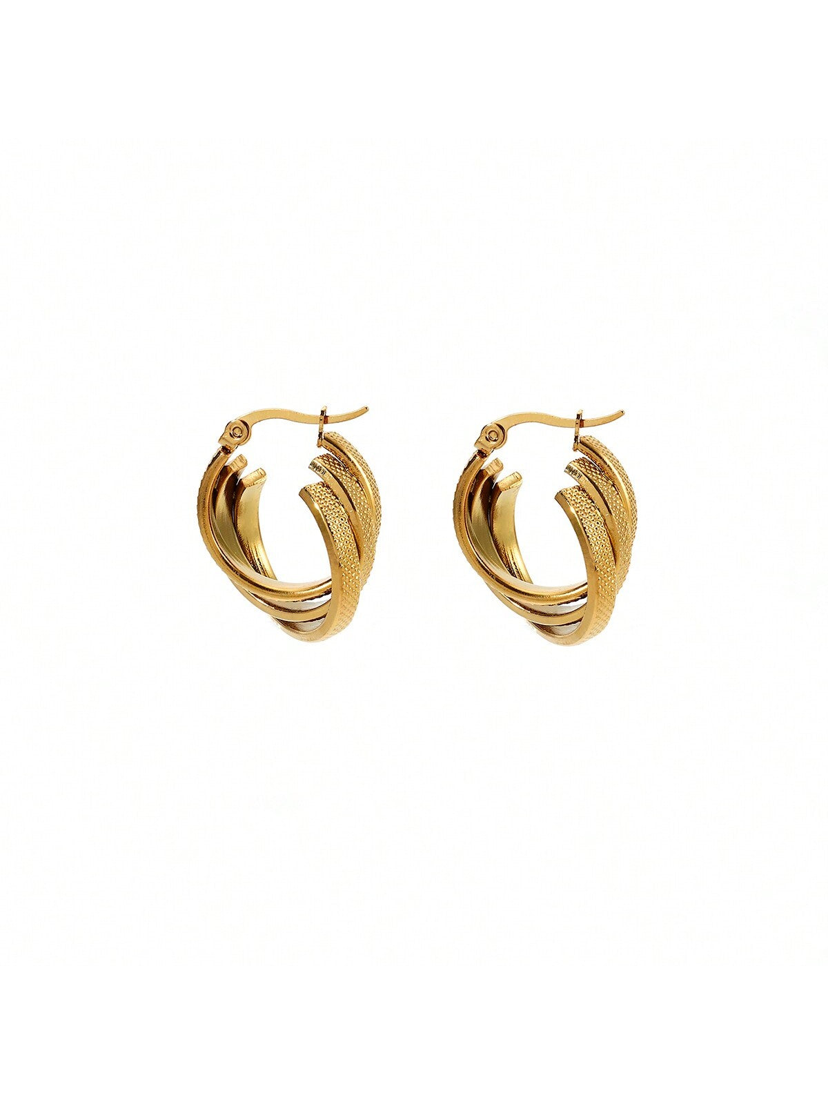 Women'S Stainless Steel Overlapping Triple Hoop Earrings-Yellow Gold-1