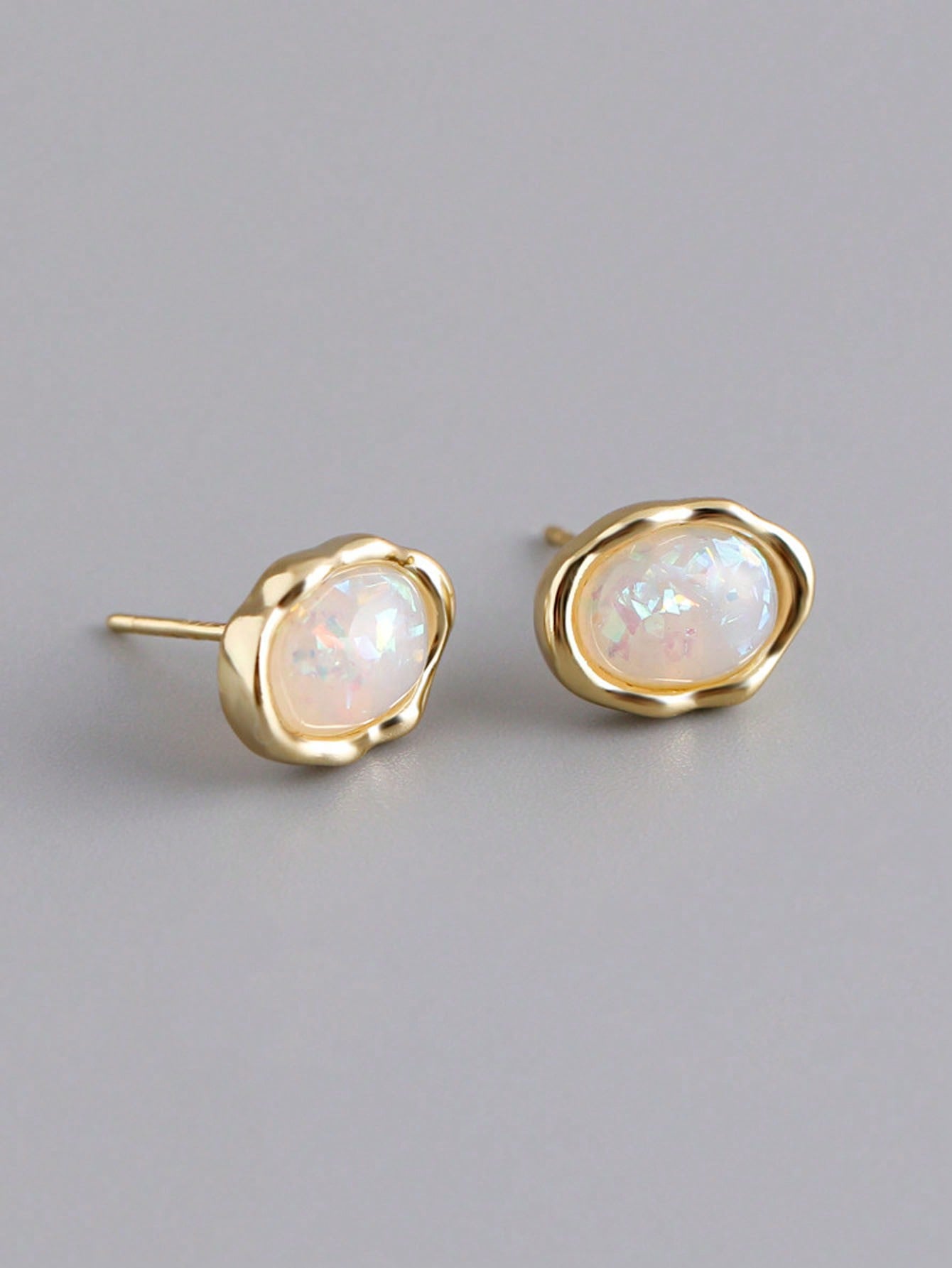 1pair Imitation Opal Sterling Silver Irregular Shape Stud Earrings For Women, Elegant Jewelry-Gold-1