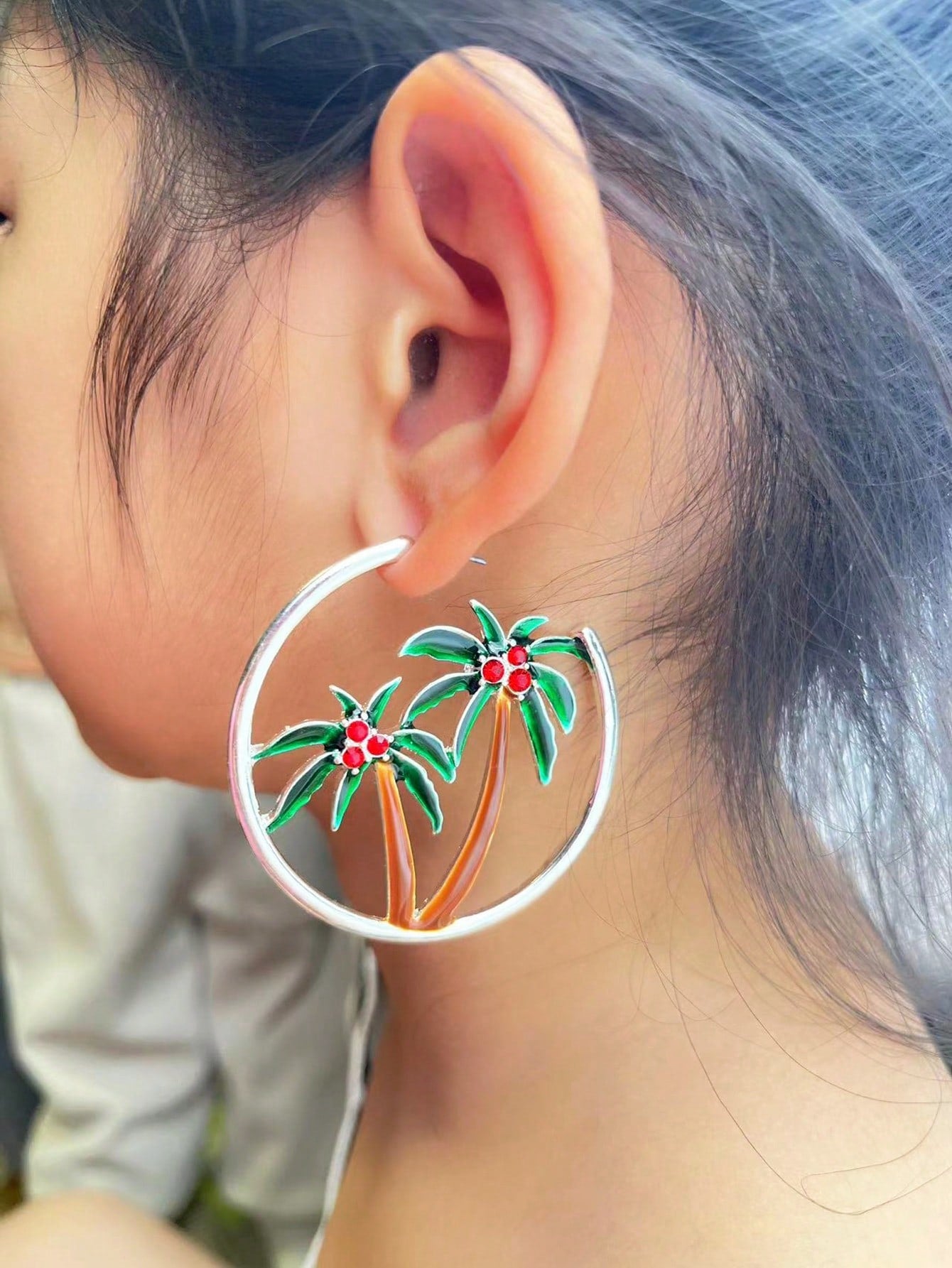 1pair  Cocoanut Tree Design Rhinestone And Enamel Earrings For Vacation And  Festival Wearing-Colorful-1